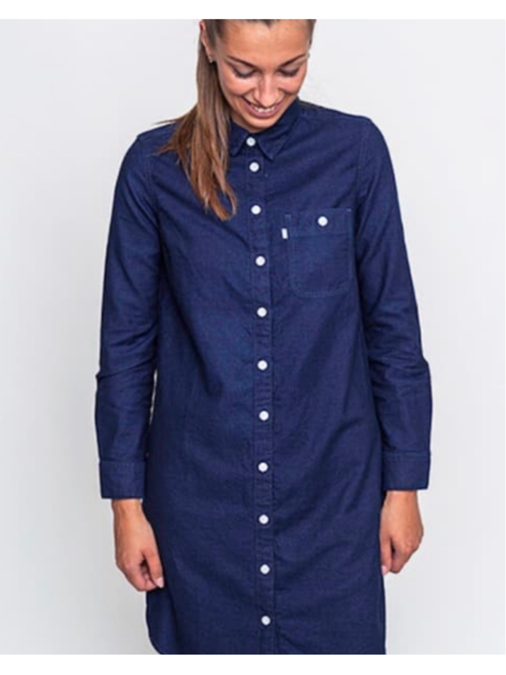 Levis Denim Long Sleeve Shirt Dress Size Small Dark Wash Button Down Iconic